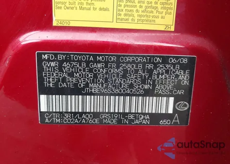 2008 Lexus Gs 350 z USA, uszkodzony, nr VIN JTHBE96S380040526